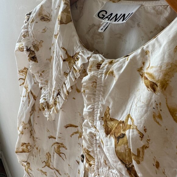 GANNI Horse Print Ruffle Collar Shirt – “Weston” – Organic Cotton – Size 36 - Picture 3 of 5